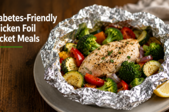 A neatly assembled, sealed heavy-duty aluminum foil packet containing raw chicken, fresh mushrooms, carrots, and thyme, ready for oven baking.