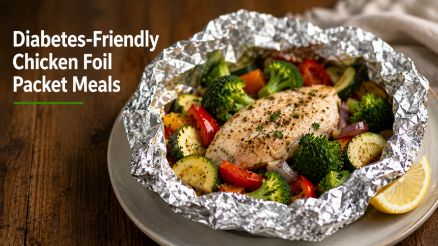 A neatly assembled, sealed heavy-duty aluminum foil packet containing raw chicken, fresh mushrooms, carrots, and thyme, ready for oven baking.