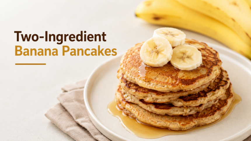 A stack of golden-brown, thin banana pancakes plated on a ceramic dish, topped with fresh strawberries and a side of Greek yogurt.