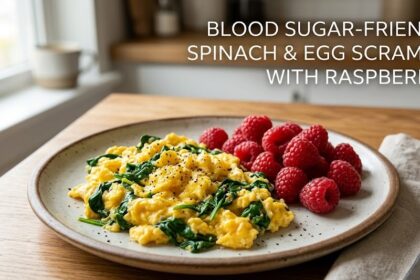 A plate featuring a freshly cooked spinach and egg scramble alongside a slice of whole-grain toast and fresh red raspberries.