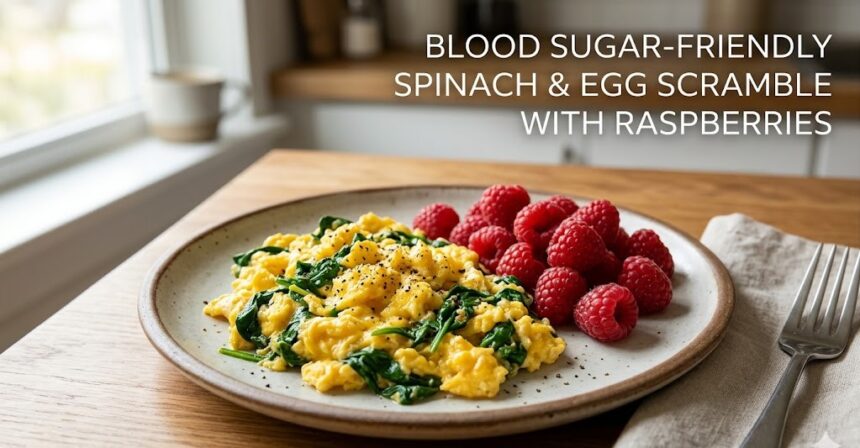 A plate featuring a freshly cooked spinach and egg scramble alongside a slice of whole-grain toast and fresh red raspberries.