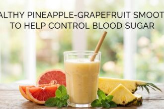 A refreshing, bright green spinach, pineapple, and grapefruit smoothie served in a tall glass.