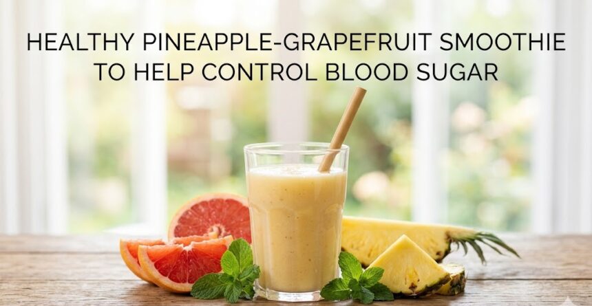 A refreshing, bright green spinach, pineapple, and grapefruit smoothie served in a tall glass.