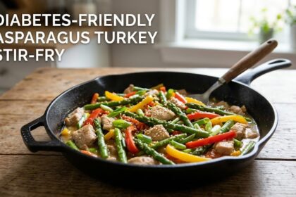 A plain dish of vibrant green asparagus and tender turkey strips tossed in a glossy lemon sauce.