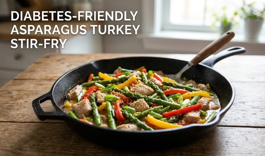 A plain dish of vibrant green asparagus and tender turkey strips tossed in a glossy lemon sauce.