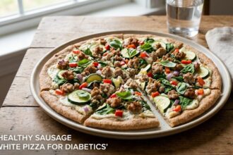 A fresh, golden-brown thin-crust white pizza topped with crumbled lean sausage, julienned red peppers, and vibrant green arugula.
