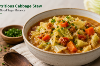 A hearty bowl of turkey cabbage stew served with visible carrots and tomato-based broth.