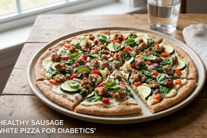 A fresh, golden-brown thin-crust white pizza topped with crumbled lean sausage, julienned red peppers, and vibrant green arugula.