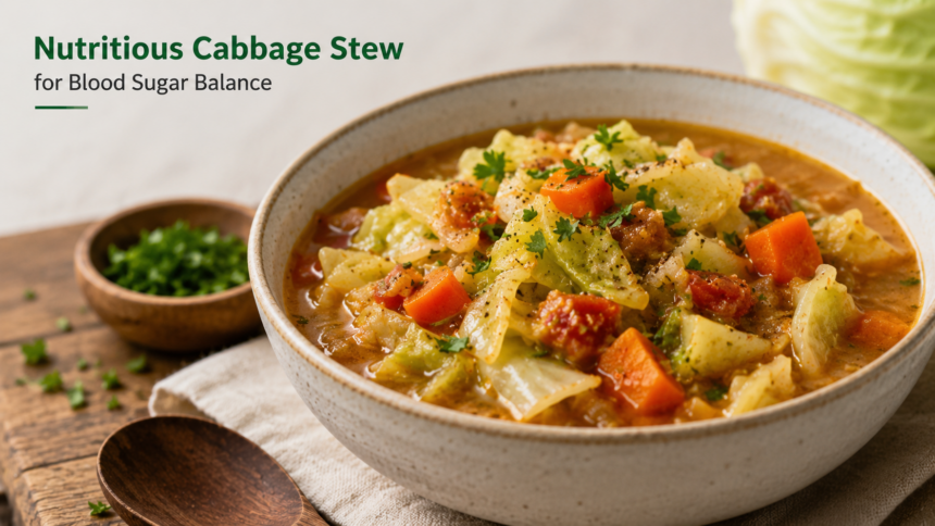 A hearty bowl of turkey cabbage stew served with visible carrots and tomato-based broth.