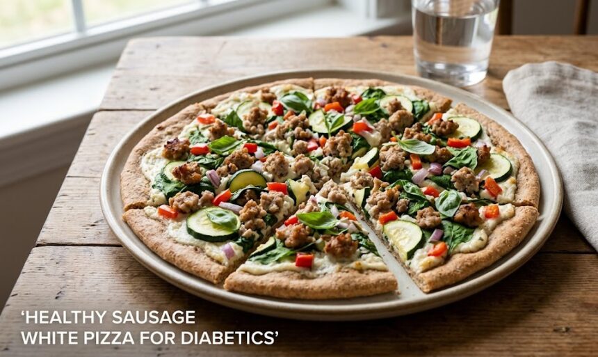 A fresh, golden-brown thin-crust white pizza topped with crumbled lean sausage, julienned red peppers, and vibrant green arugula.
