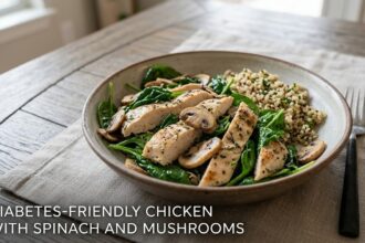 A grilled clean chicken breast topped with melted provolone cheese and a vibrant sauteed mixture of fresh spinach, mushrooms, and pecans.