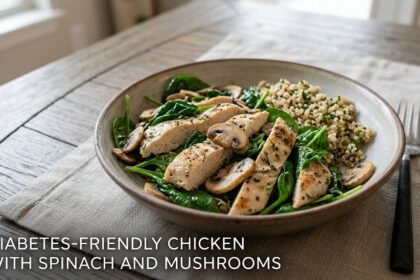 A grilled clean chicken breast topped with melted provolone cheese and a vibrant sauteed mixture of fresh spinach, mushrooms, and pecans.