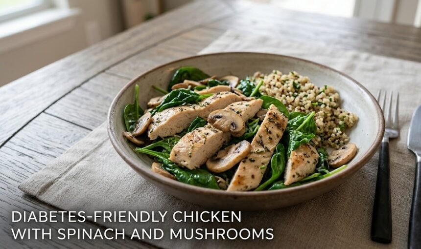 A grilled clean chicken breast topped with melted provolone cheese and a vibrant sauteed mixture of fresh spinach, mushrooms, and pecans.