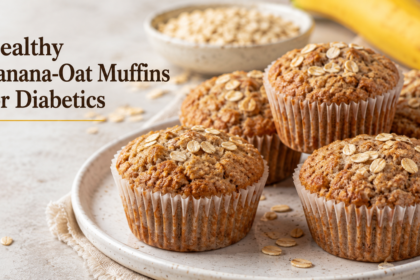 A close-up high-resolution shot of freshly baked banana-oat muffins sitting on a wire cooling rack, steaming slightly under warm kitchen lighting.