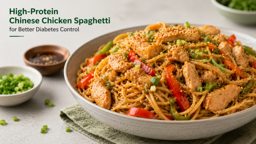 A portion of Chinese chicken spaghetti in a wok featuring snow peas, carrots, and chicken pieces.