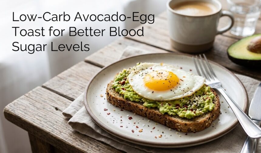 A clean, natural, high-resolution 16:9 photograph of a plain dish featuring a single slice of whole-wheat toast topped with mashed avocado and a fried egg, with no text overlays or infographics.