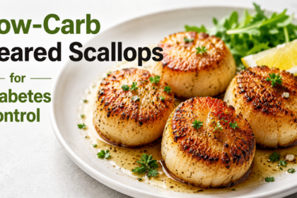 A plain dish of perfectly seared golden-brown sea scallops with a light garlic-herb butter glaze, presented elegantly on a clean white background.