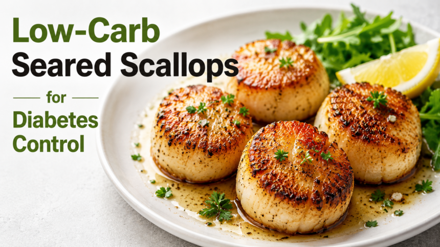 A plain dish of perfectly seared golden-brown sea scallops with a light garlic-herb butter glaze, presented elegantly on a clean white background.