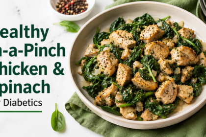 A plain dish of perfectly pan-seared golden chicken breasts resting on a vibrant bed of freshly wilted baby spinach tossed with chunky tomato salsa.