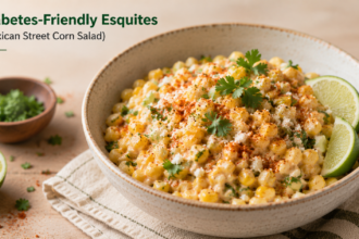 A vibrant bowl of esquites topped with crumbled Cotija cheese, fresh cilantro, and a lime wedge.