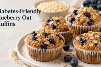 A close-up high-resolution shot of freshly baked blueberry-oat muffins featuring a spiced brown sugar crumb topping, steaming slightly under warm kitchen lighting.