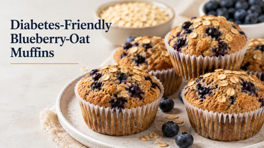 A close-up high-resolution shot of freshly baked blueberry-oat muffins featuring a spiced brown sugar crumb topping, steaming slightly under warm kitchen lighting.