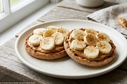 A clean, natural, high-resolution 16:9 photograph of a plain dish featuring a toasted whole-wheat English muffin topped with creamy peanut butter, fresh banana slices, and a light dusting of cinnamon. No text overlays, no infographics, and no people.