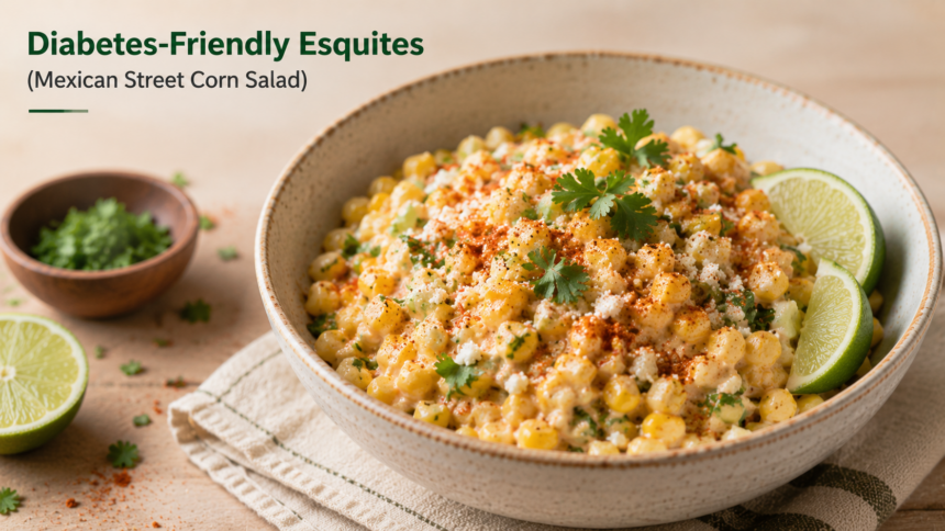 A vibrant bowl of esquites topped with crumbled Cotija cheese, fresh cilantro, and a lime wedge.