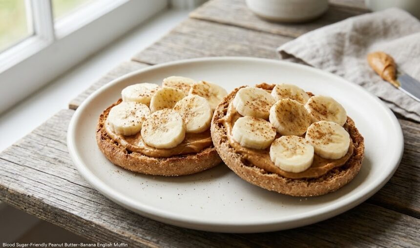 A clean, natural, high-resolution 16:9 photograph of a plain dish featuring a toasted whole-wheat English muffin topped with creamy peanut butter, fresh banana slices, and a light dusting of cinnamon. No text overlays, no infographics, and no people.