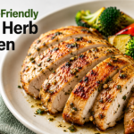 A plain dish of perfectly seared, golden-brown boneless skinless chicken thighs glistening in a rich garlic-herb pan sauce, garnished with fresh minced chives.