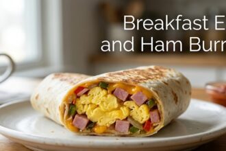 A plain dish showing neatly rolled warm corn tortilla burritos filled with scrambled eggs, diced low-sodium ham, onions, and green bell peppers.