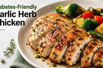 A plain dish of perfectly seared, golden-brown boneless skinless chicken thighs glistening in a rich garlic-herb pan sauce, garnished with fresh minced chives.
