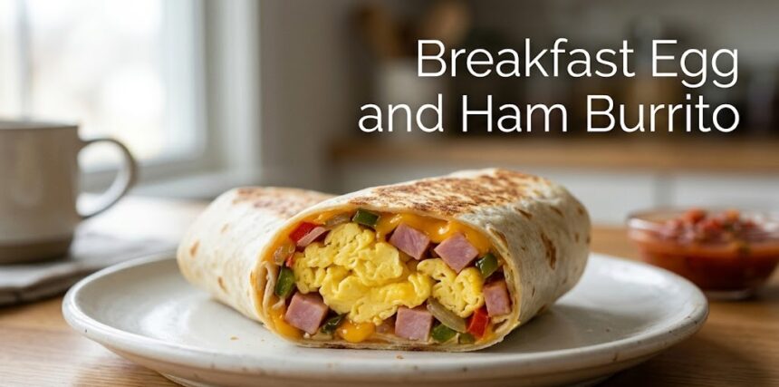 A plain dish showing neatly rolled warm corn tortilla burritos filled with scrambled eggs, diced low-sodium ham, onions, and green bell peppers.