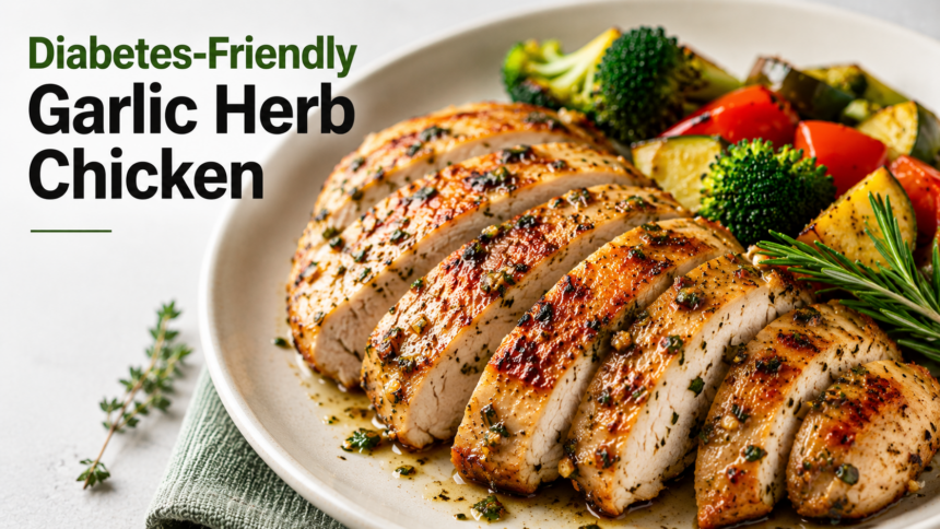 A plain dish of perfectly seared, golden-brown boneless skinless chicken thighs glistening in a rich garlic-herb pan sauce, garnished with fresh minced chives.