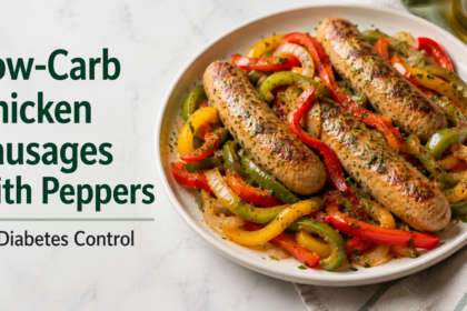 A plain dish of sliced sweet apple chicken sausages tossed with vibrant julienned red and orange bell peppers and translucent sliced onions in a light oil glaze.