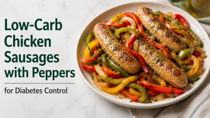 A plain dish of sliced sweet apple chicken sausages tossed with vibrant julienned red and orange bell peppers and translucent sliced onions in a light oil glaze.