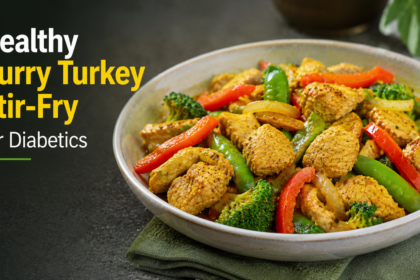 A plain dish of cubed cooked turkey stir-fried with vibrant julienned red bell peppers and green onions in a glossy golden curry sauce.