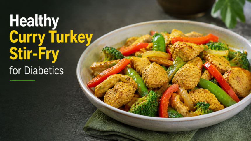 A plain dish of cubed cooked turkey stir-fried with vibrant julienned red bell peppers and green onions in a glossy golden curry sauce.