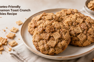 A tray of glazed cookies topped with crushed Cinnamon Toast Crunch cereal.