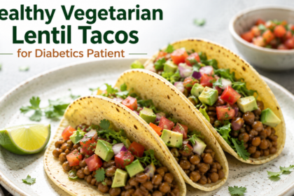 A vibrant close-up of vegetarian lentil taco filling served in a warm corn tortilla, topped with fresh cilantro and lime wedges on a rustic wooden table.