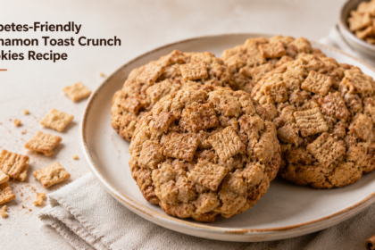 A tray of glazed cookies topped with crushed Cinnamon Toast Crunch cereal.