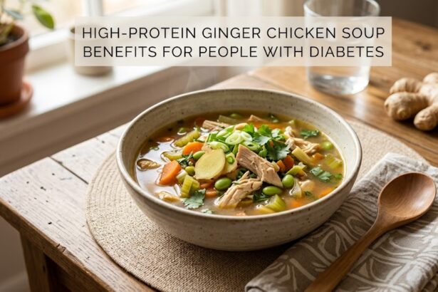 a plain dish featuring a bowl of ginger chicken soup with diced potatoes, carrots, and spinach in a clear broth. No text overlays, no infographics, and no people.