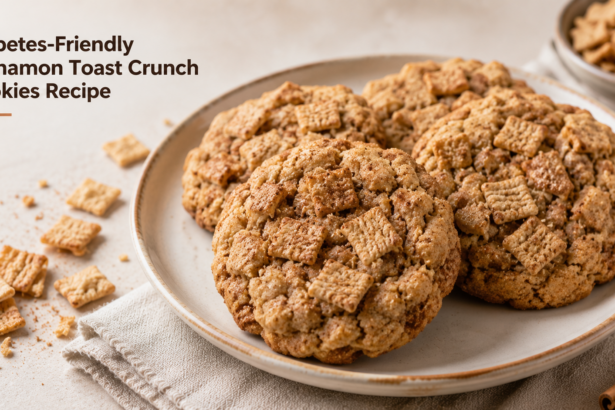 A tray of glazed cookies topped with crushed Cinnamon Toast Crunch cereal.