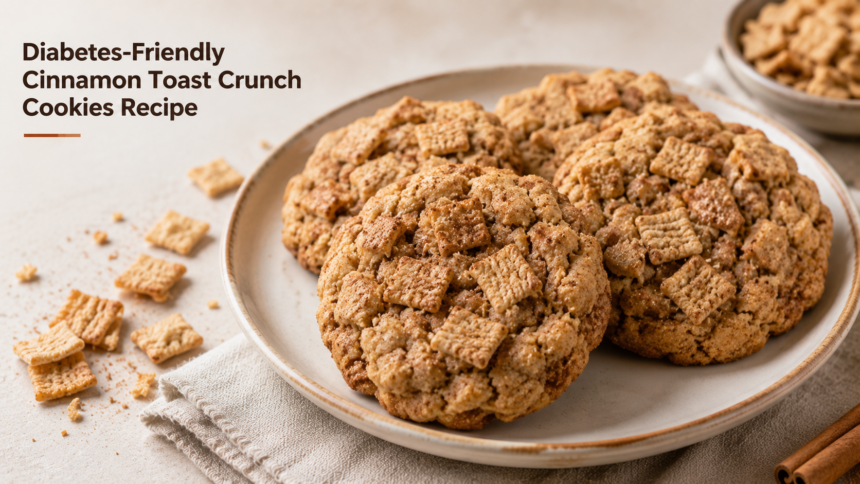 A tray of glazed cookies topped with crushed Cinnamon Toast Crunch cereal.