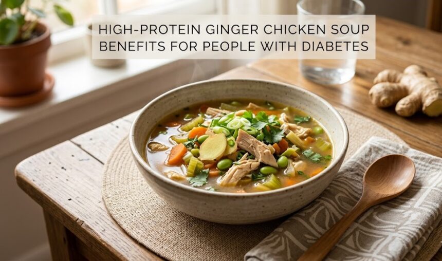 a plain dish featuring a bowl of ginger chicken soup with diced potatoes, carrots, and spinach in a clear broth. No text overlays, no infographics, and no people.