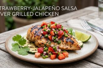 A plain dish of grilled chicken breast topped with a vibrant strawberry-jalapeño salsa made with diced strawberries, tomatoes, and fresh cilantro.