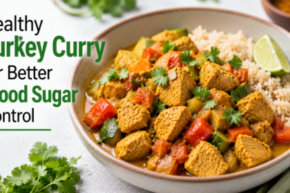 A plain dish of diced cooked turkey breast simmered with sliced carrots and celery in a creamy yellow curry sauce served over jasmine rice.