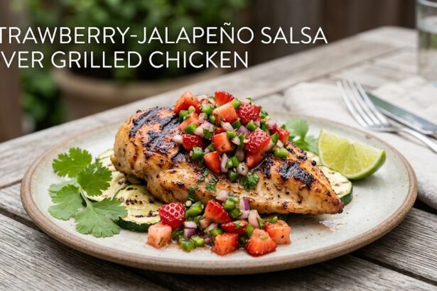 A plain dish of grilled chicken breast topped with a vibrant strawberry-jalapeño salsa made with diced strawberries, tomatoes, and fresh cilantro.