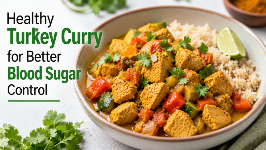 A plain dish of diced cooked turkey breast simmered with sliced carrots and celery in a creamy yellow curry sauce served over jasmine rice.