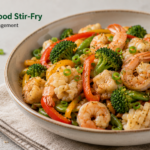 A vibrant skillet of shrimp, yellow summer squash, corn, and bright tomatoes garnished with fresh basil.
